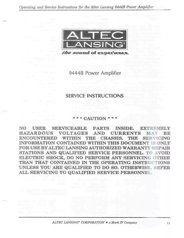Mode d'emploi ALTEC LANSING 9444B POWER AMPLIFIER SERVICE