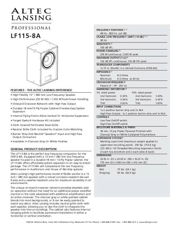 Mode d'emploi ALTEC LANSING LF115-8A LF SPEAKER SYSTEM