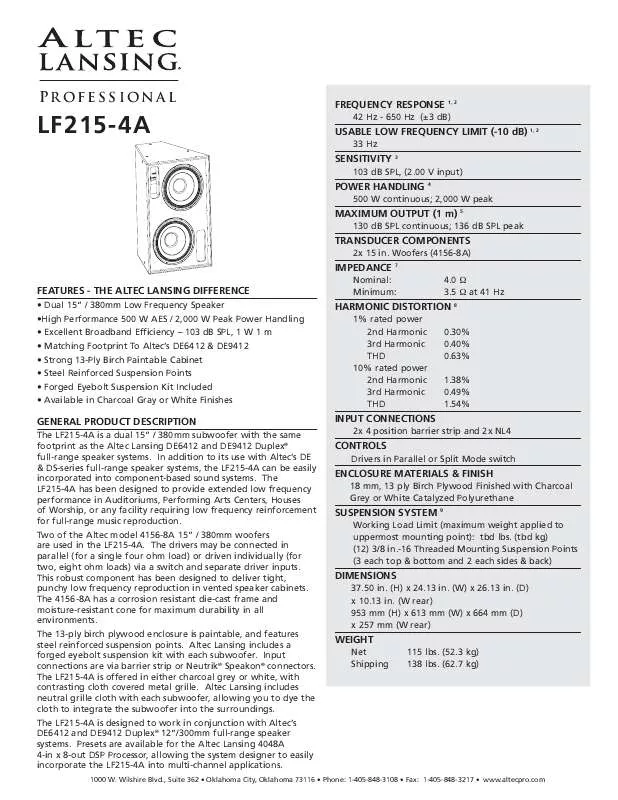 Mode d'emploi ALTEC LANSING LF215-4A LF SPEAKER SYSTEM