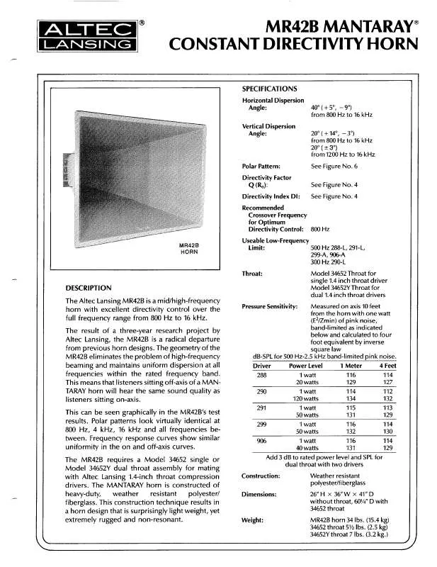 Mode d'emploi ALTEC LANSING MR42B HF HORN