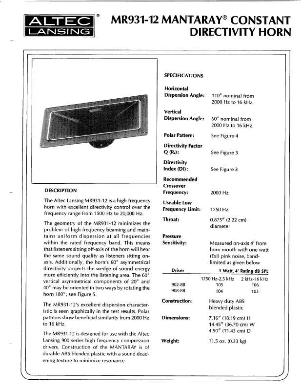 Mode d'emploi ALTEC LANSING MR931-12 HF HORN