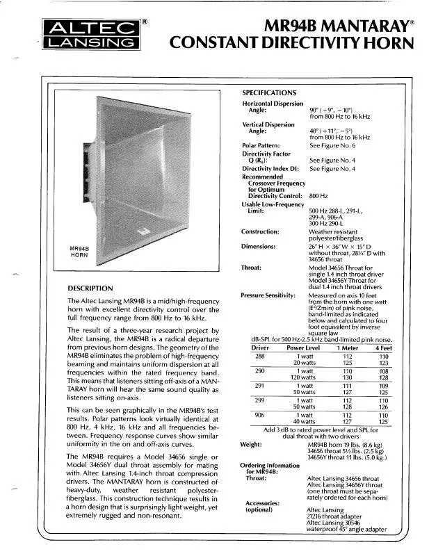 Mode d'emploi ALTEC LANSING MR94B HF HORN