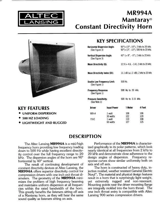 Mode d'emploi ALTEC LANSING MR994A HF HORN