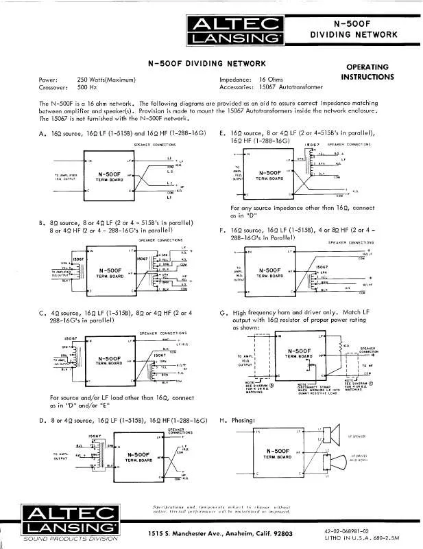 Mode d'emploi ALTEC LANSING N500F CROSSOVER NETWORK