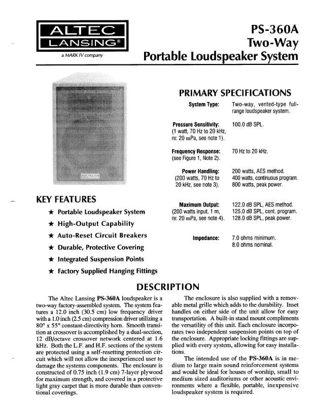 Mode d'emploi ALTEC LANSING PS-360A SPEAKER SYSTEM