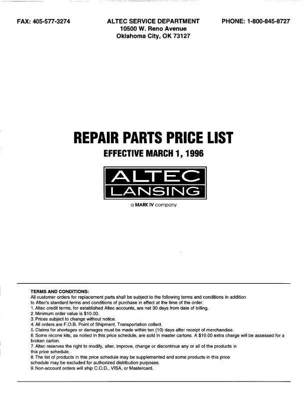 Mode d'emploi ALTEC LANSING SPEAKER REPAIR PARTS LIST 1992