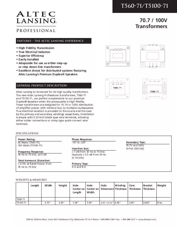 Mode d'emploi ALTEC LANSING T5100 TRANSFORMER