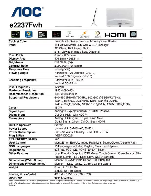 Mode d'emploi AOC E2237FWH