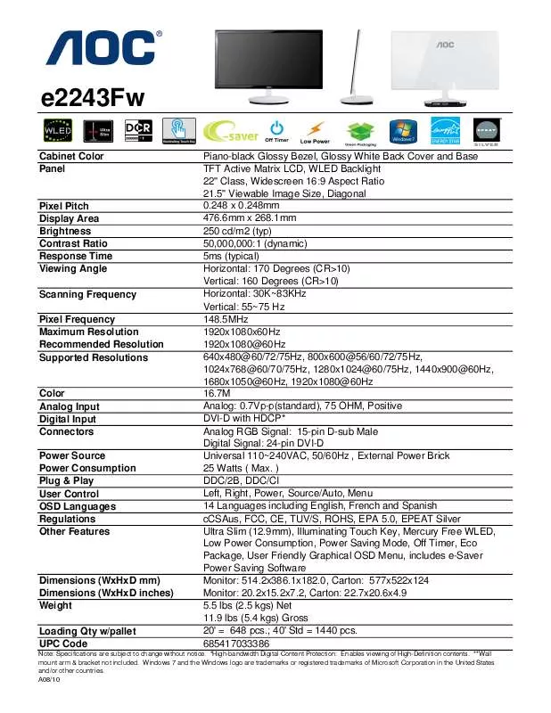 Mode d'emploi AOC E2243FW