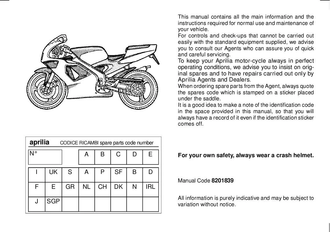 Mode d'emploi APRILIA AM5 H2O AUTOMIX