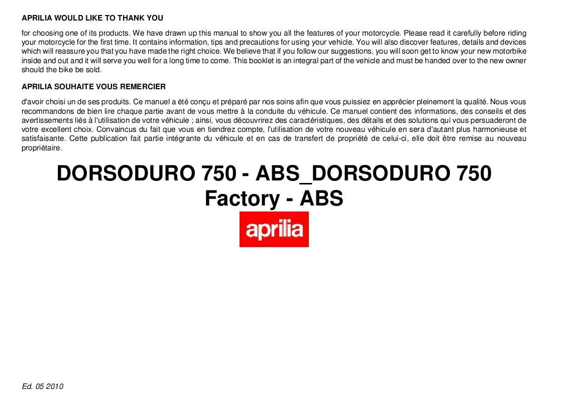 Mode d'emploi APRILIA DORSODURO 750 FACTORY-ABS