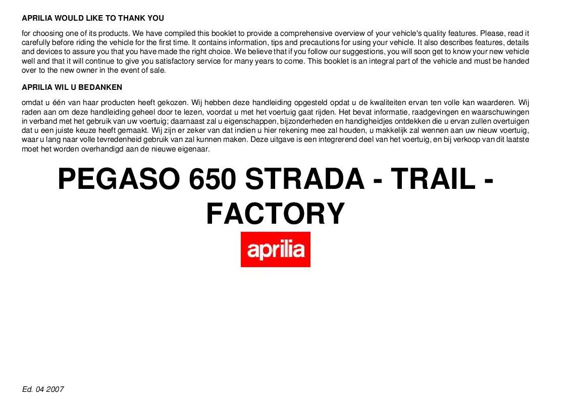 Mode d'emploi APRILIA PEGASO 650 STRADA