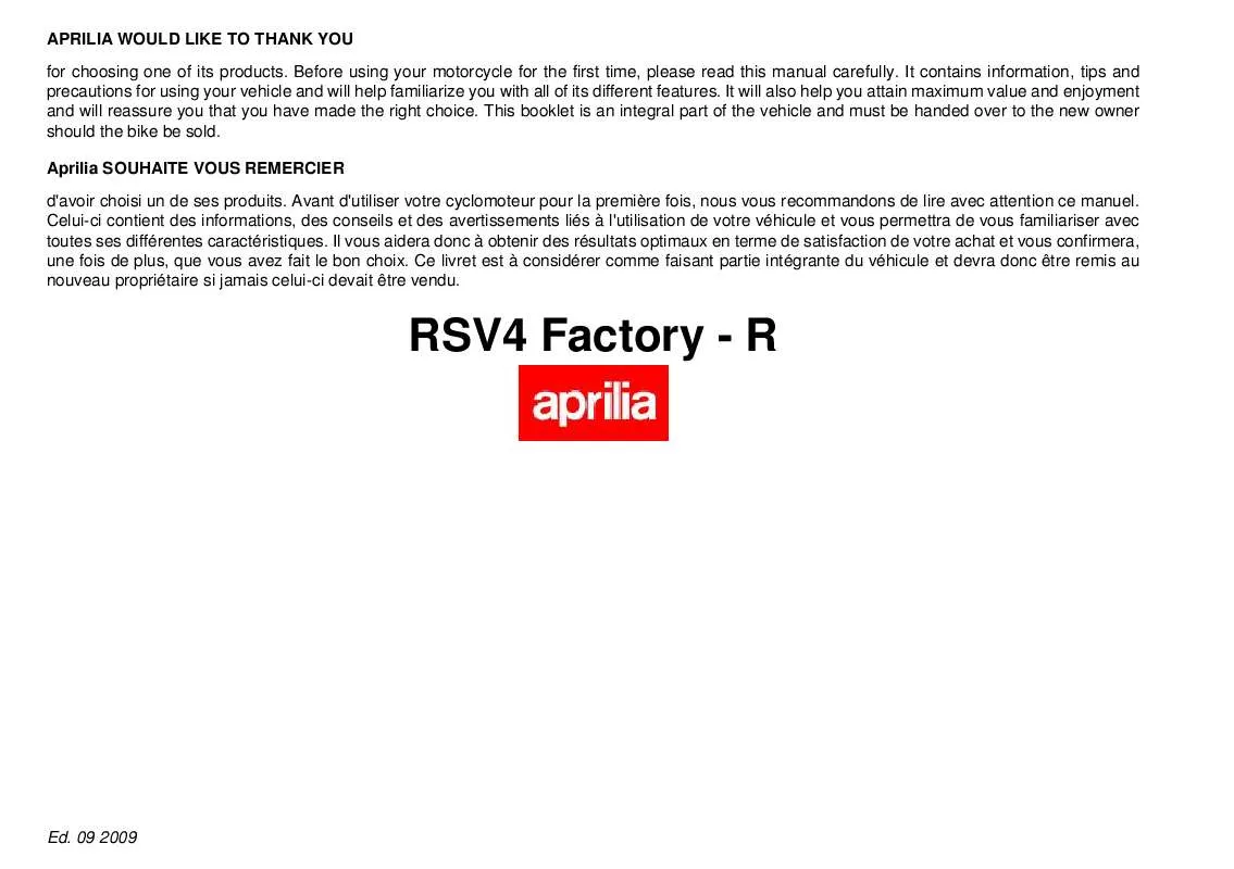 Mode d'emploi APRILIA RSV4 FACTORY-R