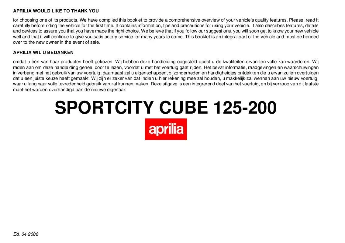 Mode d'emploi APRILIA SPORTCITY CUBE 125