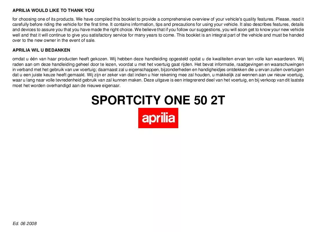 Mode d'emploi APRILIA SPORTCITY ONE 50 2T