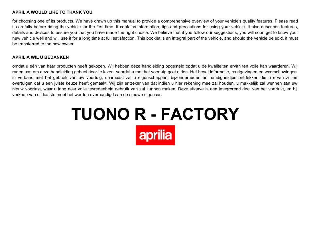 Mode d'emploi APRILIA TUONO 1000 R FACTORY