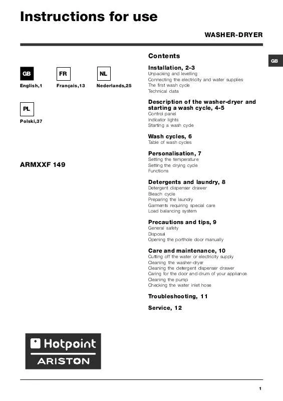 Mode d'emploi ARISTON ARMXXF 149