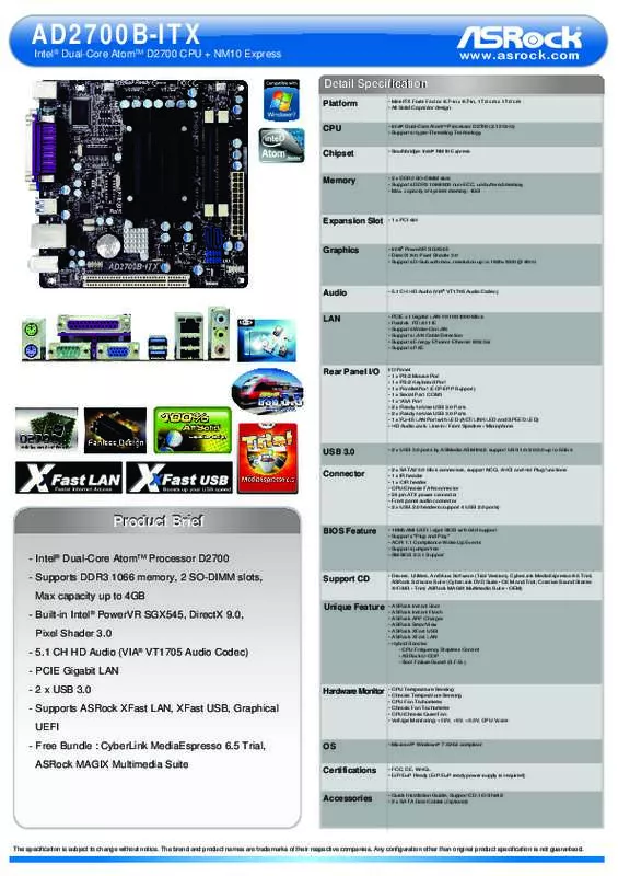 Mode d'emploi ASROCK AD2700B-ITX