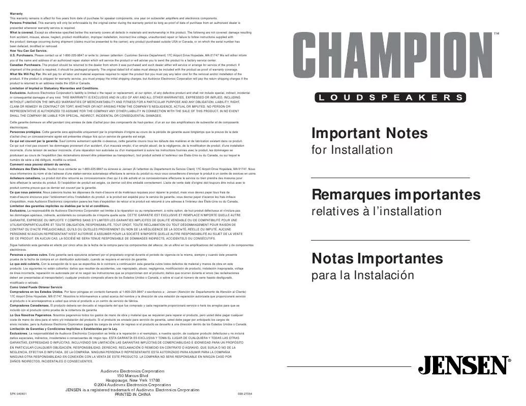 Mode d'emploi AUDIOVOX CHAMPION