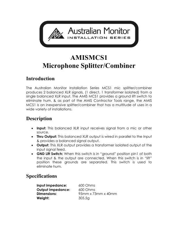 Mode d'emploi AUSTRALIAN MONITOR AMIS MCS1