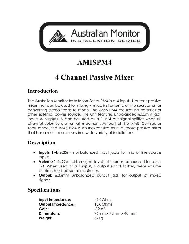 Mode d'emploi AUSTRALIAN MONITOR AMIS PM4