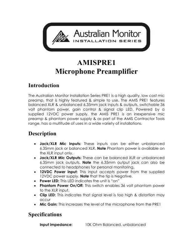 Mode d'emploi AUSTRALIAN MONITOR AMIS PRE1
