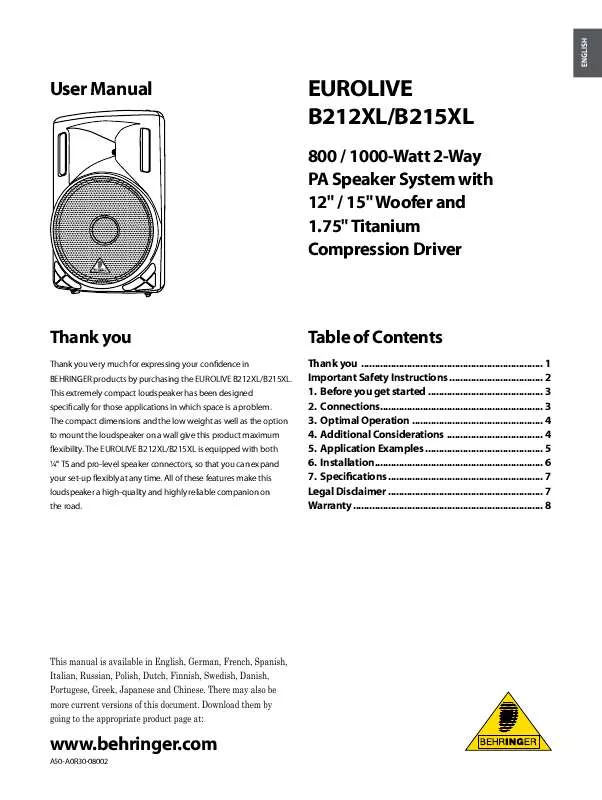 Mode d'emploi BEHRINGER B215XL