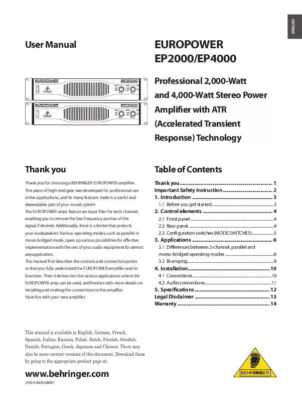 Mode d'emploi BEHRINGER EP2000