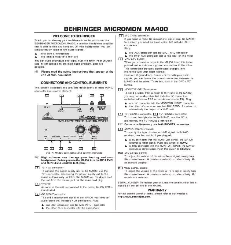 Mode d'emploi BEHRINGER MA400