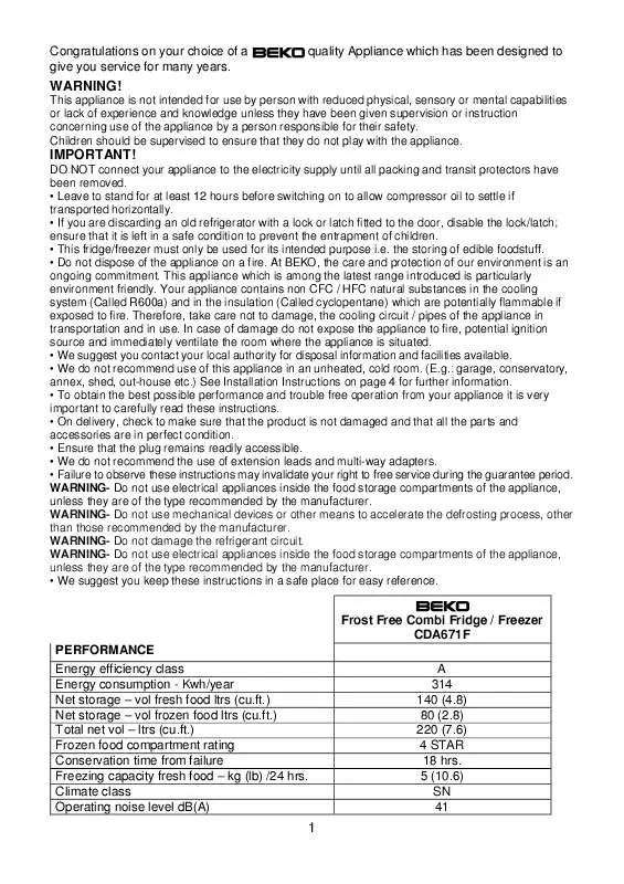 Mode d'emploi BEKO CDA671F