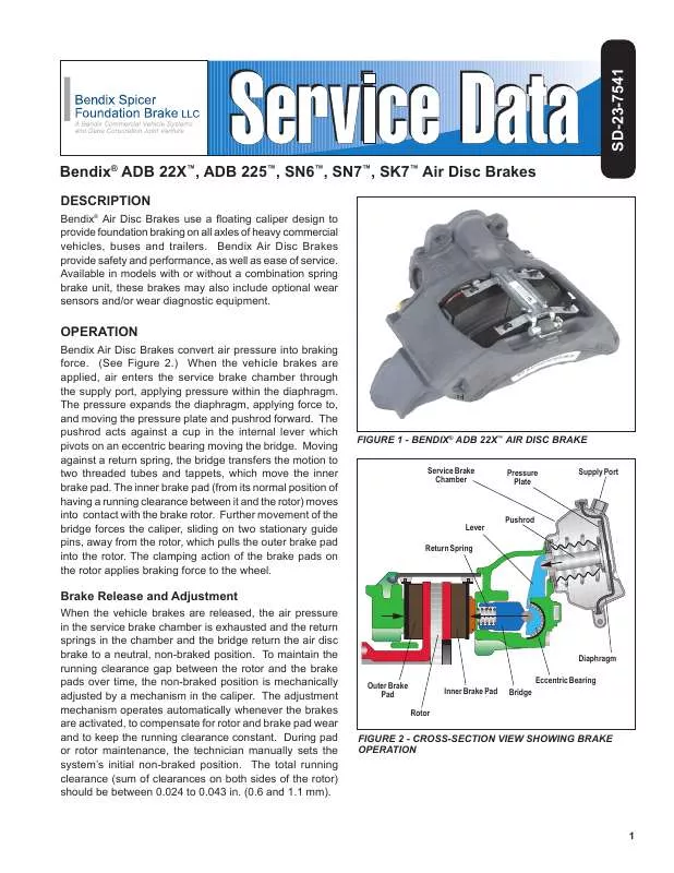 Mode d'emploi BENDIX AIR DISC BRAKE-ADB22X-225-SN6-7-SK7