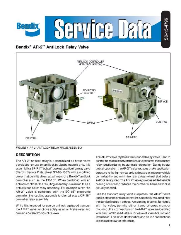 Mode d'emploi BENDIX AR-2 ANTILOCK RELAY VALVE