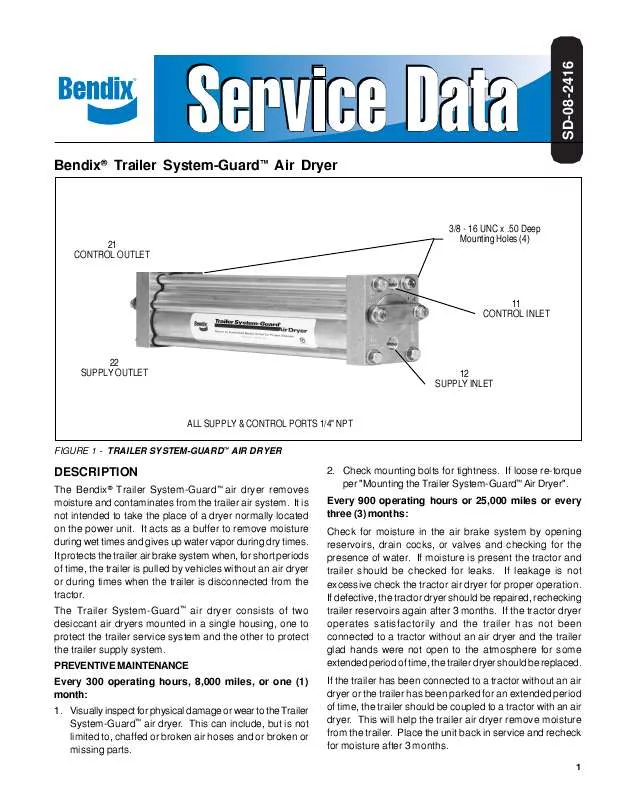 Mode d'emploi BENDIX TRAILER SYSTEM GUARD AIR DRYER