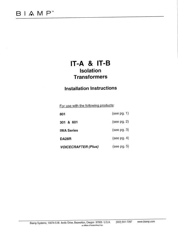 Mode d'emploi BIAMP IT-A & IT-B ISOLATION TRANSFORMERS