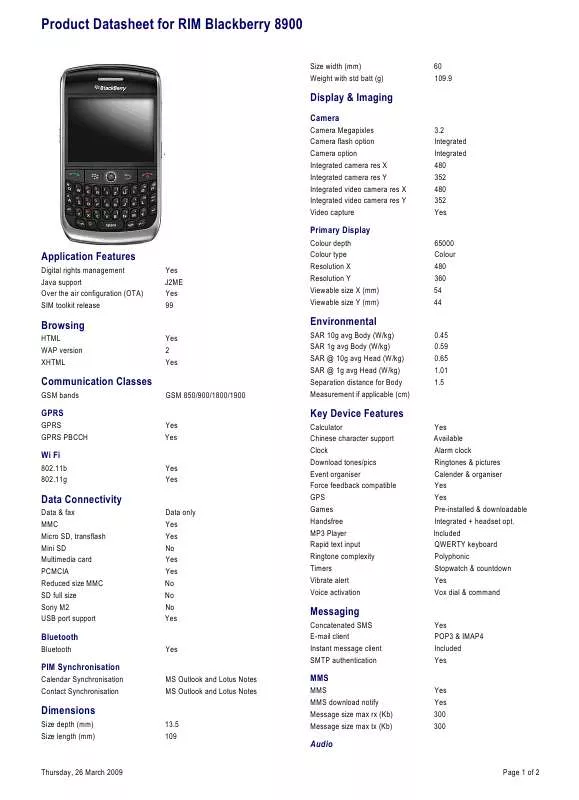 Mode d'emploi BLACKBERRY 8900