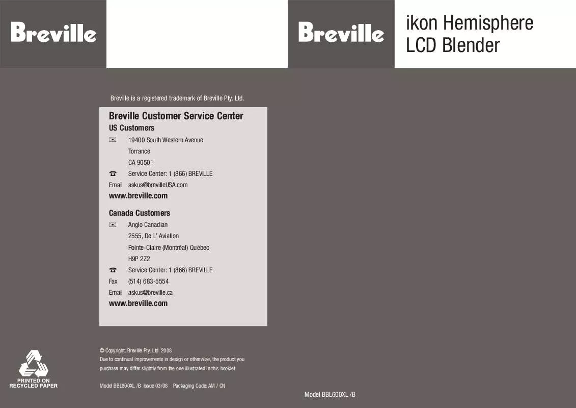 Mode d'emploi BREVILLE BBL600XL