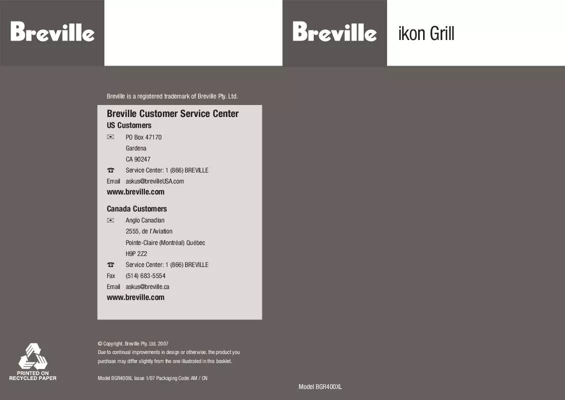 Mode d'emploi BREVILLE BGR400XL