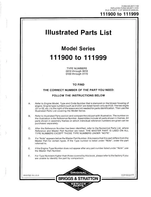 Mode d'emploi BRIGGS & STRATTON 111900 TO 111999