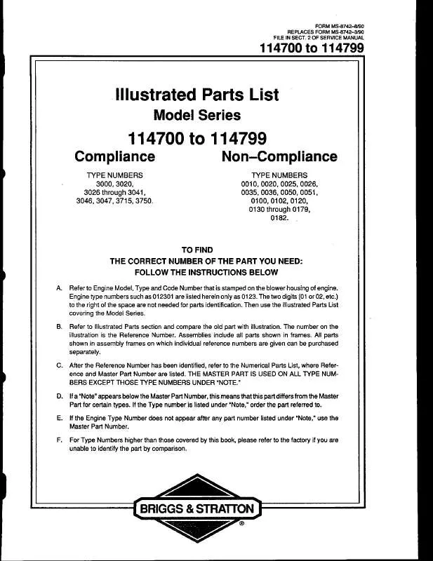 Mode d'emploi BRIGGS & STRATTON 114700 TO 114799