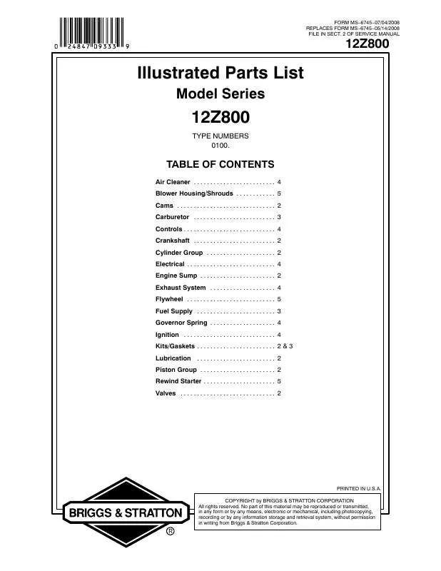 Mode d'emploi BRIGGS & STRATTON 12Z800 TO 12Z899