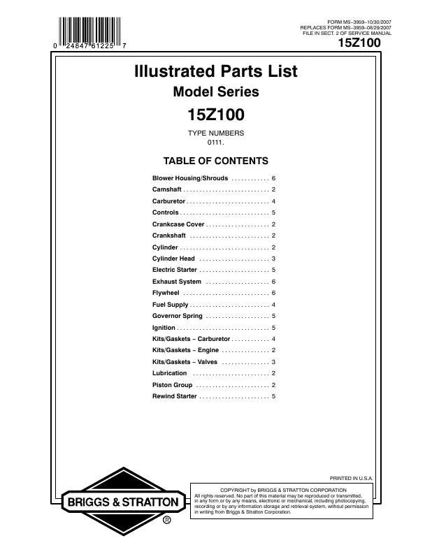 Mode d'emploi BRIGGS & STRATTON 15Z100 TO 15Z199