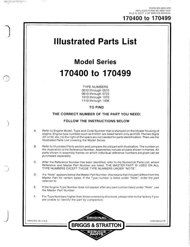 Mode d'emploi BRIGGS & STRATTON 170400 TO 170499