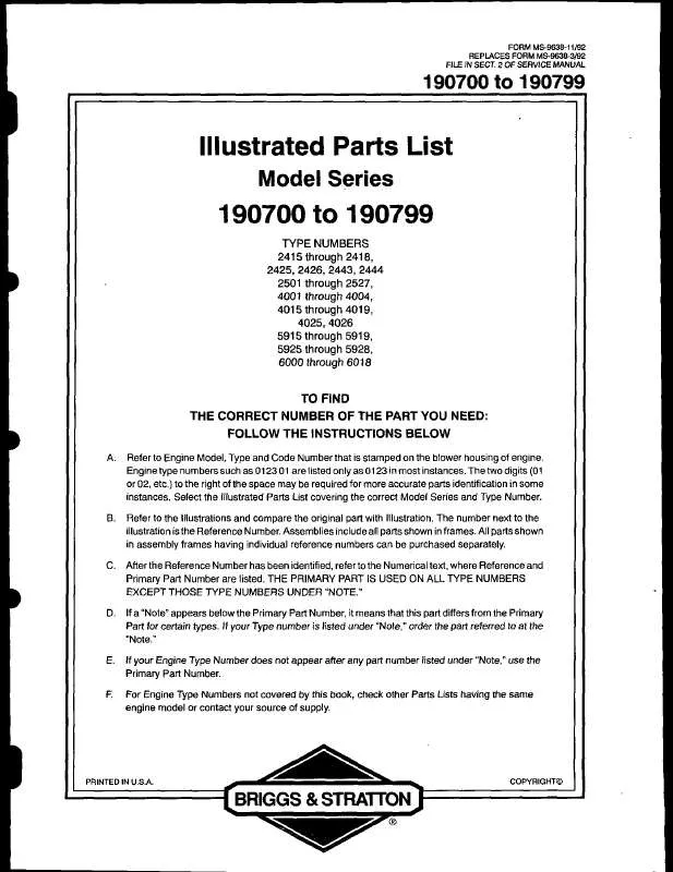 Mode d'emploi BRIGGS & STRATTON 190702