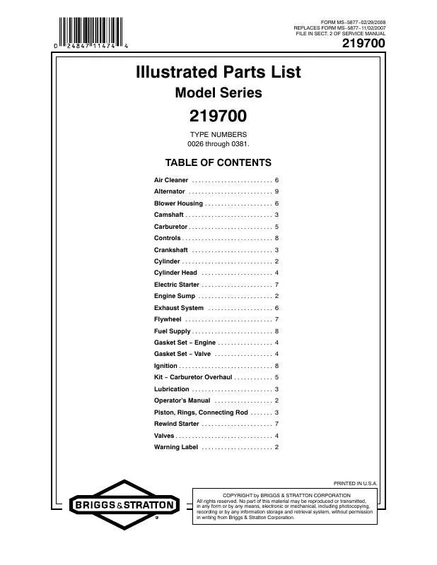 Mode d'emploi BRIGGS & STRATTON 219700 TO 219799