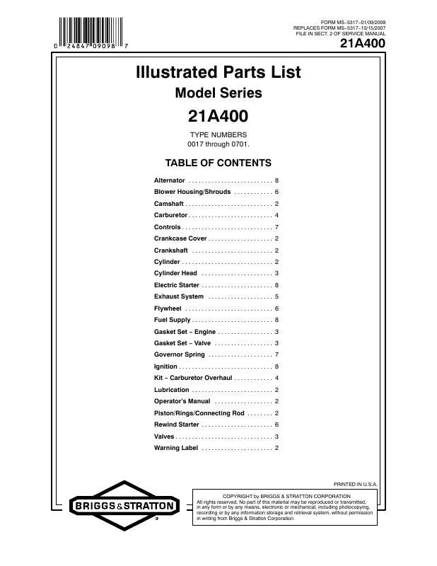 Mode d'emploi BRIGGS & STRATTON 21A400 THROUGH 21A499