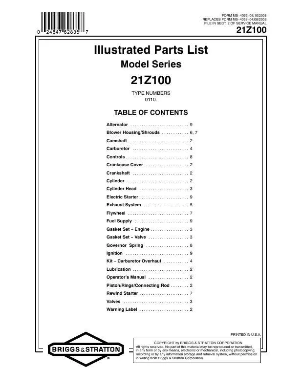 Mode d'emploi BRIGGS & STRATTON 21Z100 TO 21Z199