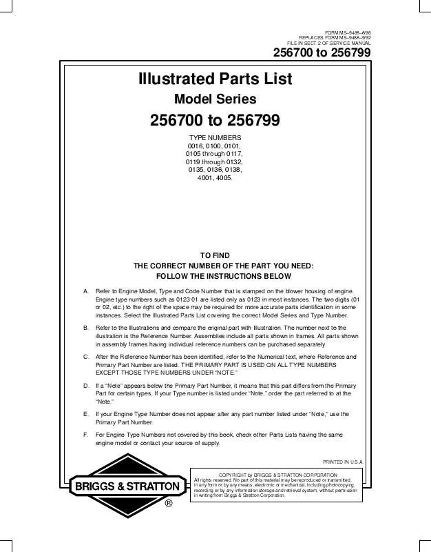 Mode d'emploi BRIGGS & STRATTON 256700 TO 256799