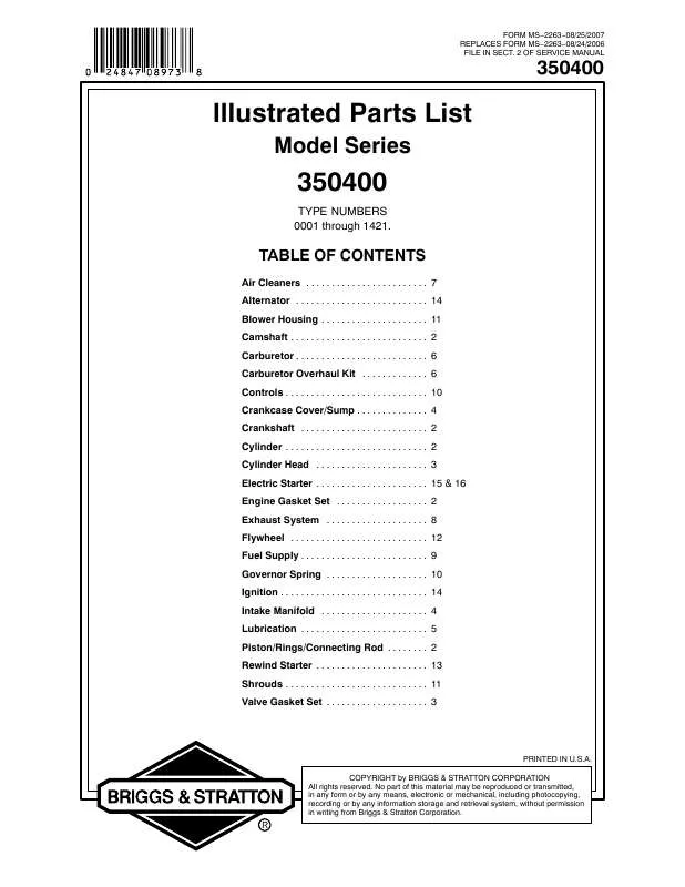 Mode d'emploi BRIGGS & STRATTON 350400 TO 350499