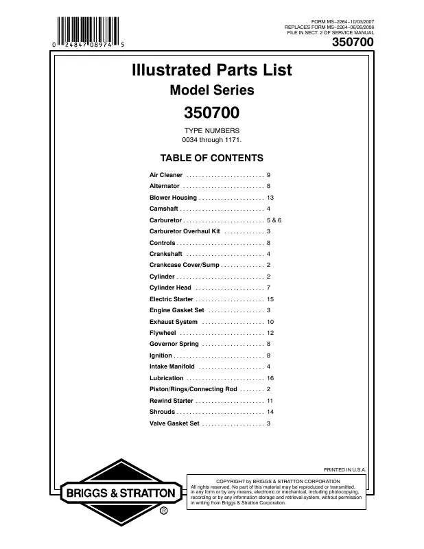 Mode d'emploi BRIGGS & STRATTON 350700 TO 350799