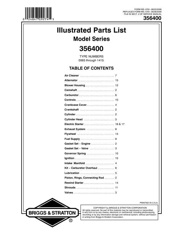 Mode d'emploi BRIGGS & STRATTON 356400 TO 356499